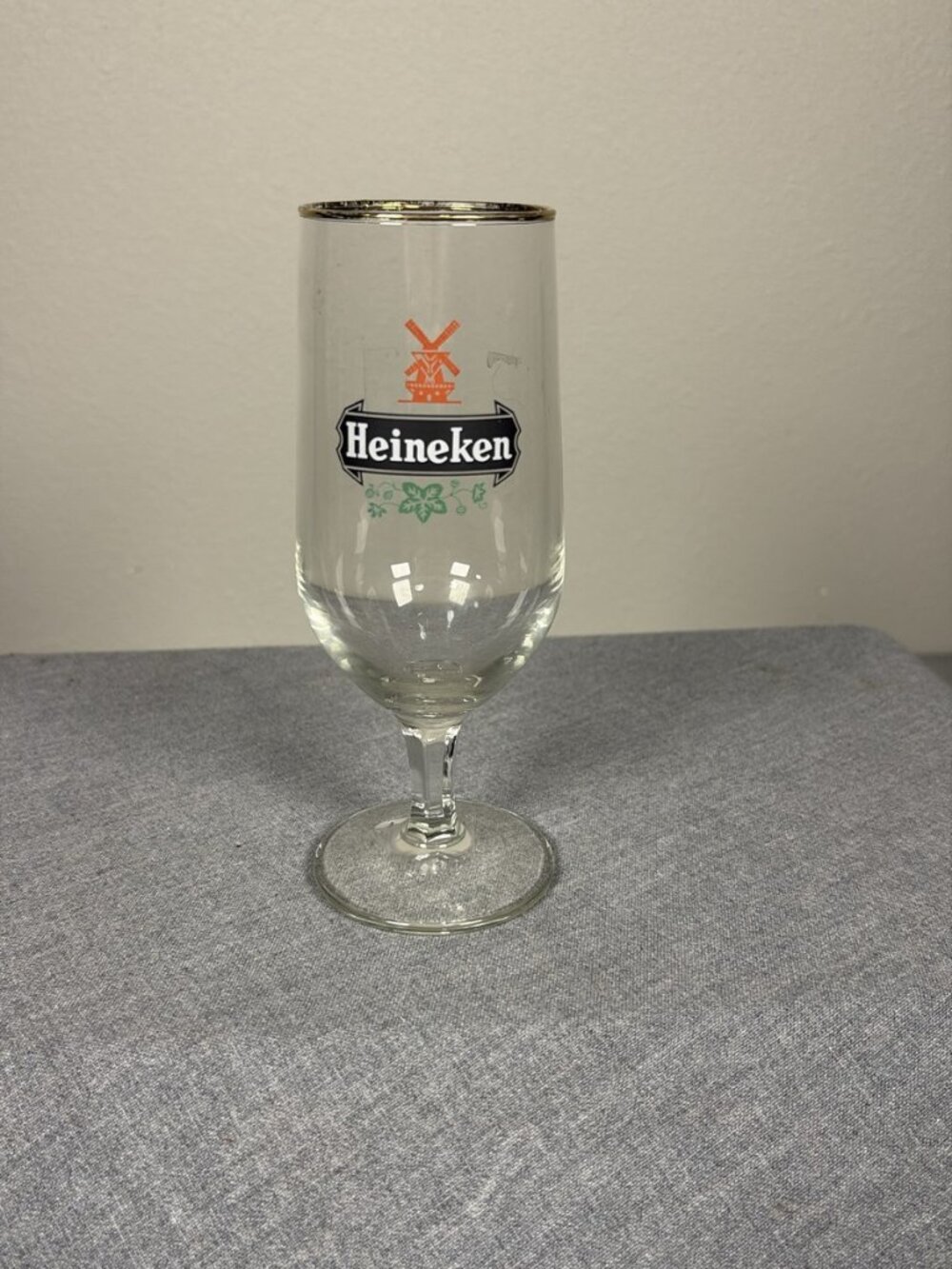 Heineken Stemmed Beer Glass Windmill Logo Gold Rim Pilsner Barware